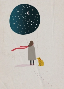 Skizze von Frau mit Hund und dem Weltraum
