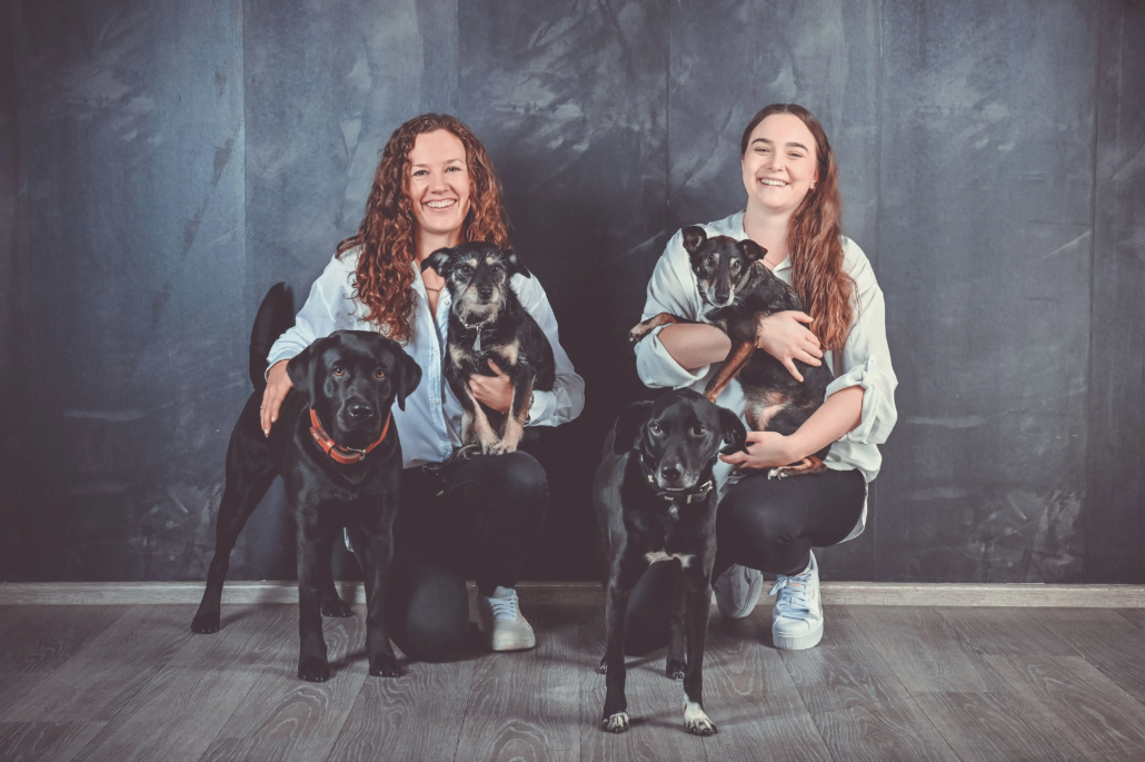 Vier Hunde und ihre beiden Frauchen