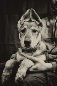 Ein Hund liegt bei einer Person auf dem Schoß, seine Ohren sind nach oben geklappt.