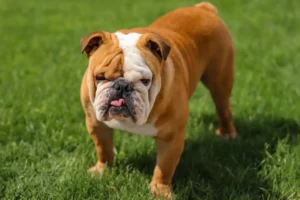 Old English Bulldog steht im Gras