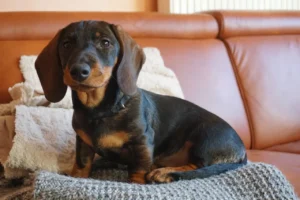Dackel Welpe sitzt auf dem Sofa