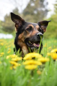 Schäferhund sitzt in einer Wiese