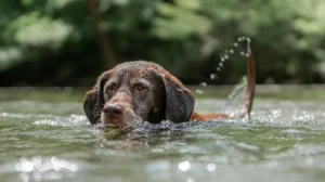 Ein brauner Labrador schwimmt im Wasser