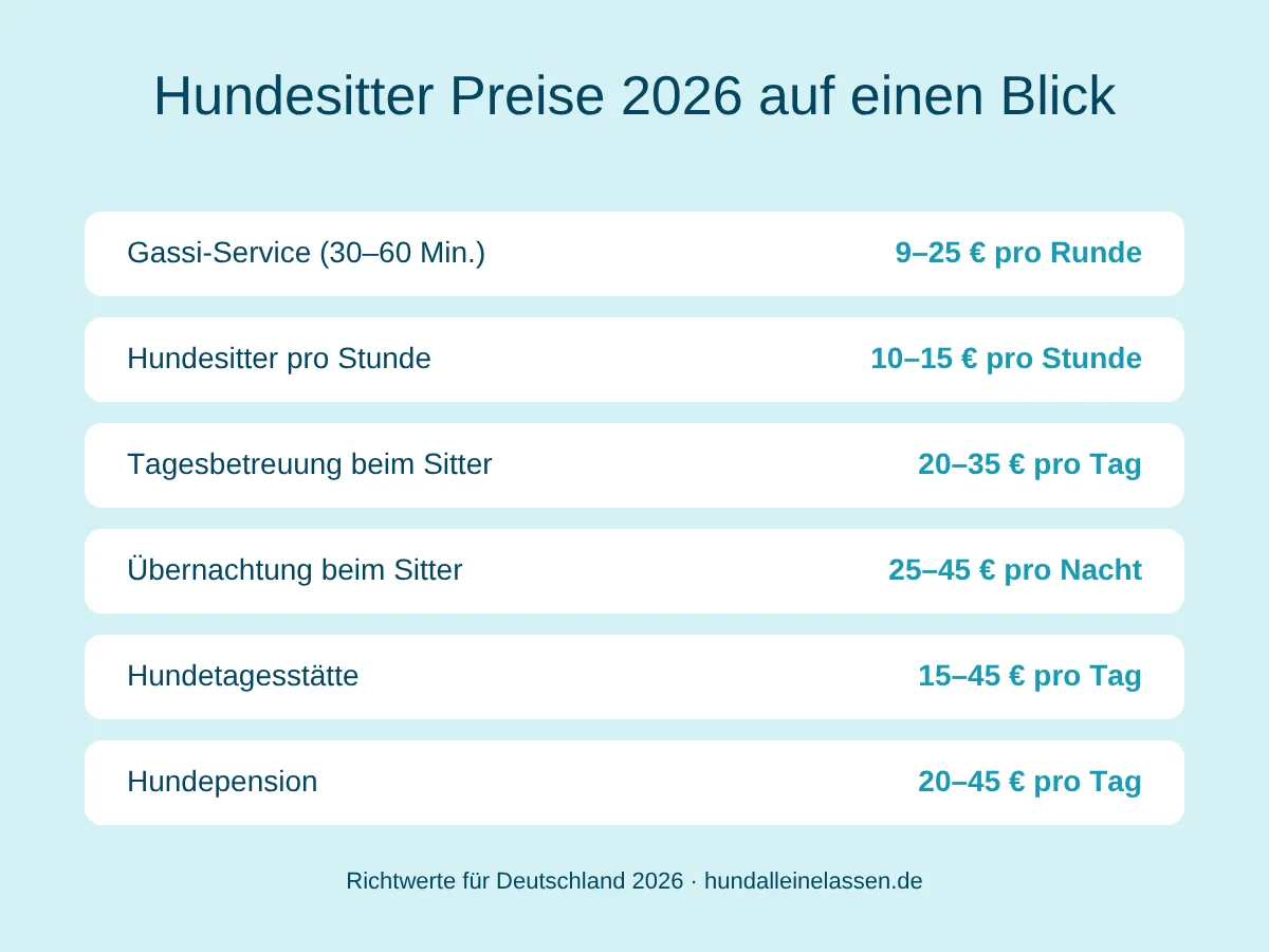 Hundesitter Preis pro Tag 2026: Tagesbetreuung 20–35 €, Übernachtung 25–45 €, Gassi-Service 9–25 €